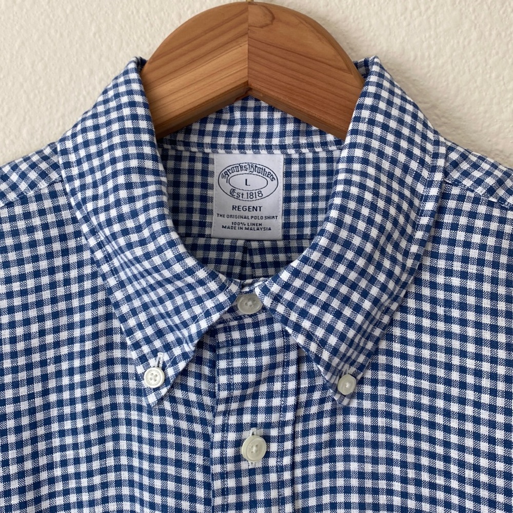 Brooks Brothers Regent Fit Men’s Shirt L 100%Linen White&Blue Plaid ButtonDown - Picture 3 of 9